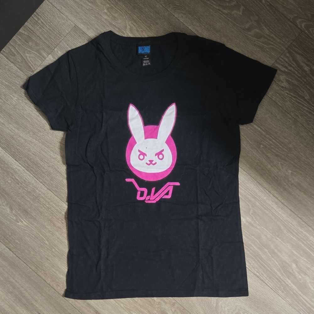 Women's Blizzard Overwatch Black Tee with Pink Bunny DVA Graphic